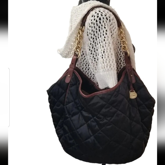 Brahmin Vintage Extra Large Tote Shoulder Bag Black Nylon Brown Leather Trim - Picture 2 of 13